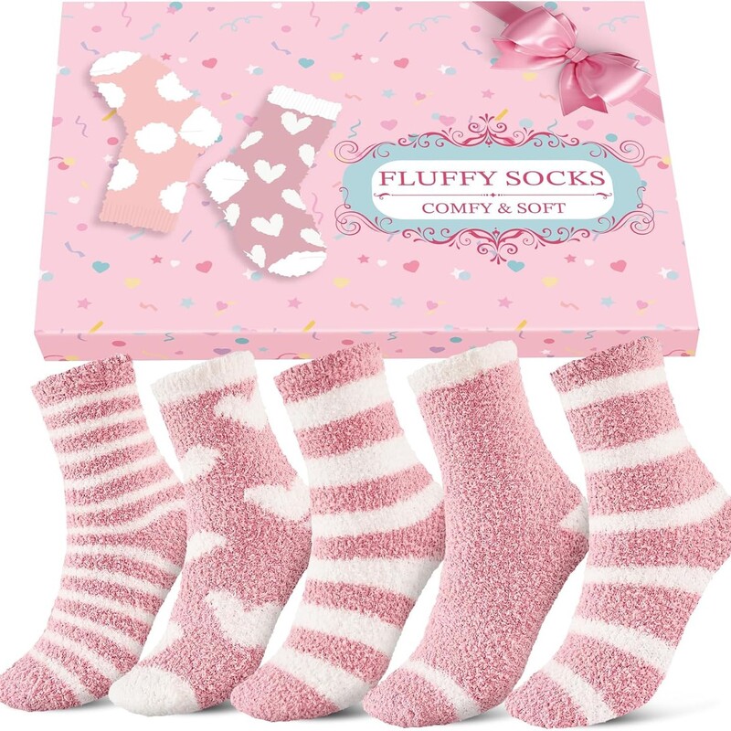 Socks for Women, Autumn and Winter Pink Striped Sleep Socks, Comfortable and Warm Mid-Calf Socks, Fluffy and Soft Floor Socks