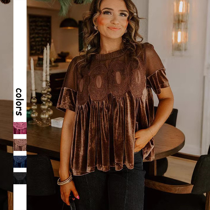 Cross-Border European and American Women's Clothing 2026 Velvet Top with Lace Splicing, Embroidered Trim, Gold Velvet Puff Sleeve Shirt for Women Cross-Border European and American Women's Clothing 2026 Velvet Top with Lace Splicing, Embroidered Trim, Gold Velvet Puff Sleeve Shirt for Women