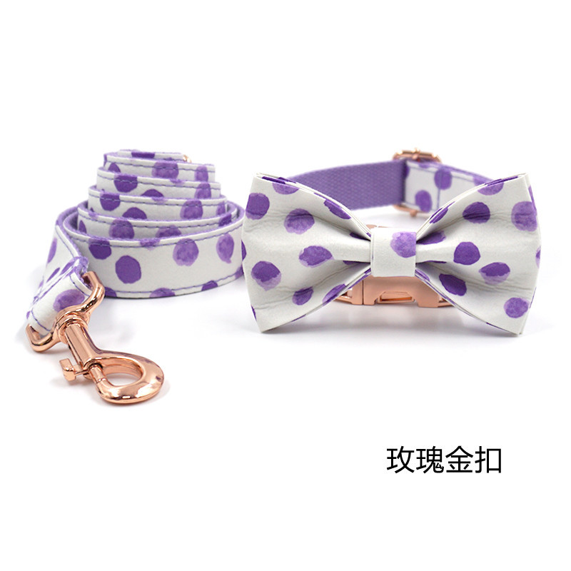 迷哈老板经典波点紫色项圈牵引绳蝴蝶结 跨境玫瑰金扣项圈牵引带