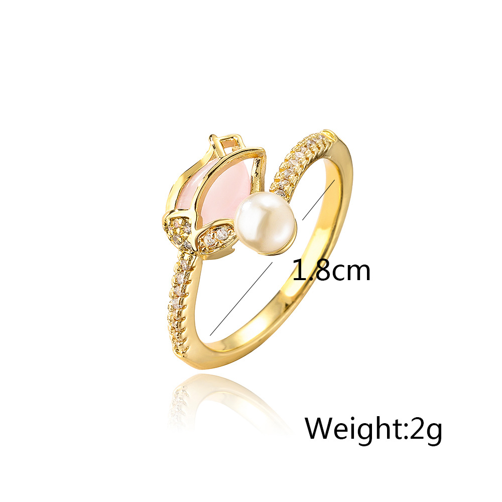 Fashion Flower Copper Gold Plated Artificial Pearls Zircon Open Ring 1 Piece