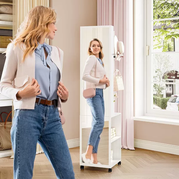 Full-Length Mirror with 360-Degree Rotation, Dressing Mirror, Movable Makeup Cabinet, Jewelry Storage Cabinet, Multifunctional