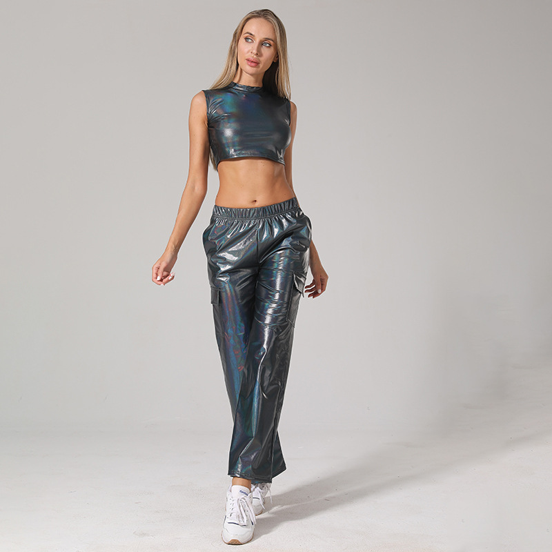 GraceChic Cross-Border European And American Foreign Trade Women's Fashion High-Waisted PU Shiny Leather Casual Pants_voghion.com