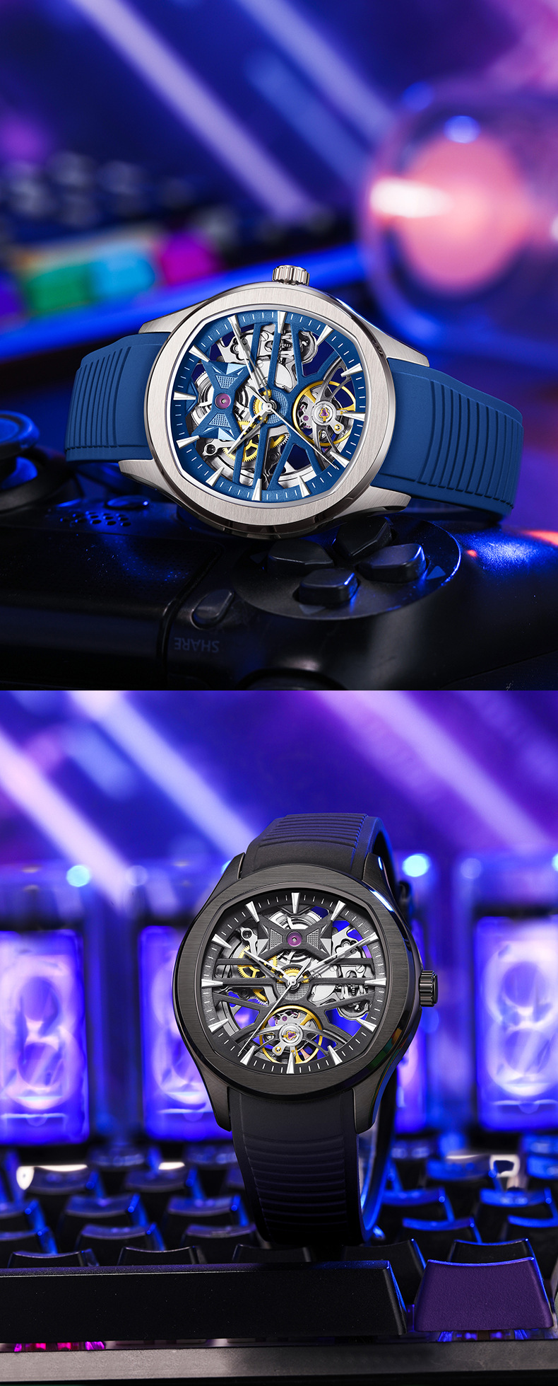 Montre mécanique automatique squelette pour homme, aiguilles lumineuses, fond transparent_voghion.com