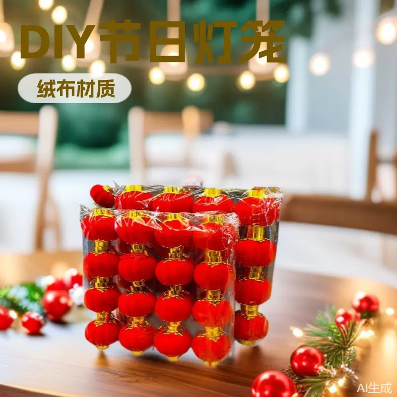 植绒球小红灯笼盆景树上挂件院子过新年元旦春节燈籠结婚装饰喜庆