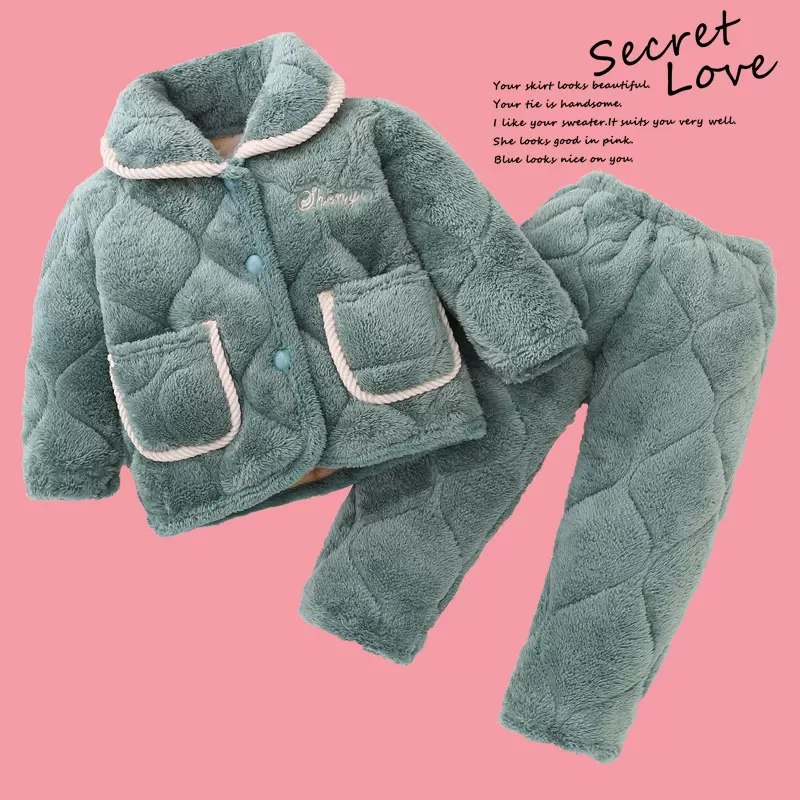 冬季儿童三层夹棉法兰绒睡衣套装男童女童小孩珊瑚绒家居服加绒