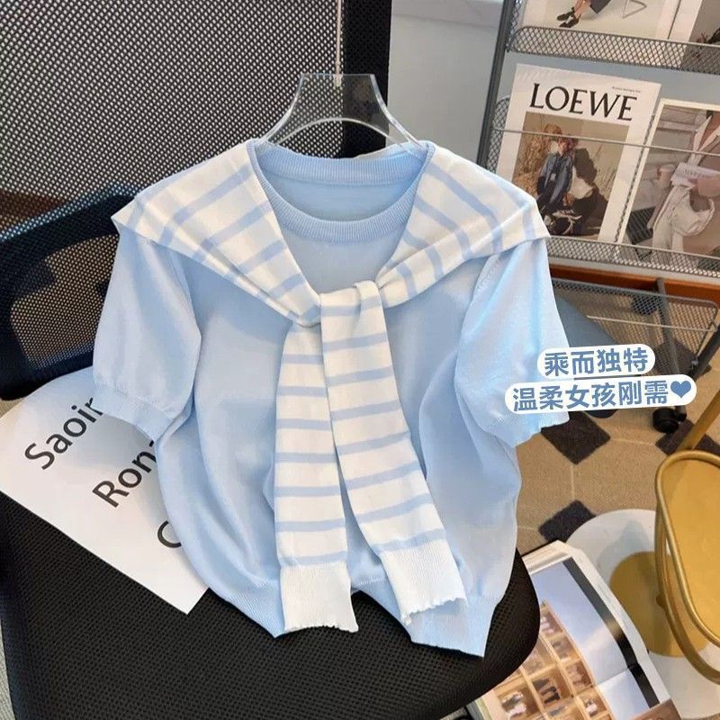 奶蓝色短袖针织衫配披肩chic韩版假两件上衣网红宽松小衫女2024夏