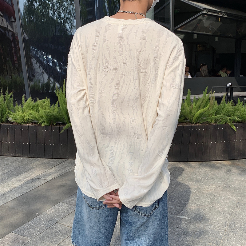 La Primavera de cuello redondo de manga larga Camiseta de los hombres de estilo coreano estilo de Hong Kong casual todo partido de moda ins pullover personalizado rasgado camiseta top