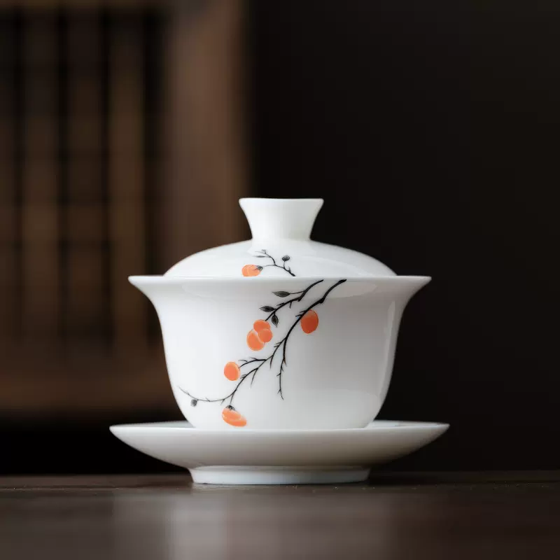 手绘柿柿如意盖碗茶杯羊脂玉白瓷三才盖碗陶瓷家用功夫茶具茶碗