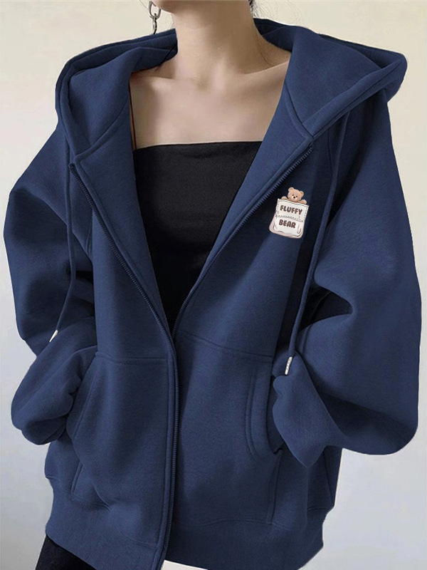 High-End Designer Jiemo Cotton Hooded Sweatshirt for Women, Autumn and Winter Cardigan with Zipper, Baseball Jacket with Fleece Lining, Thickened Printed Coat