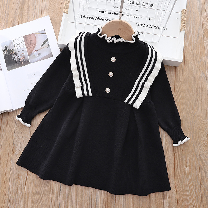 Automne et hiver filles laine bord d'oreille en bois col rond à manches longues robe de princesse petite fille 90-130 taille Western_voghion.com