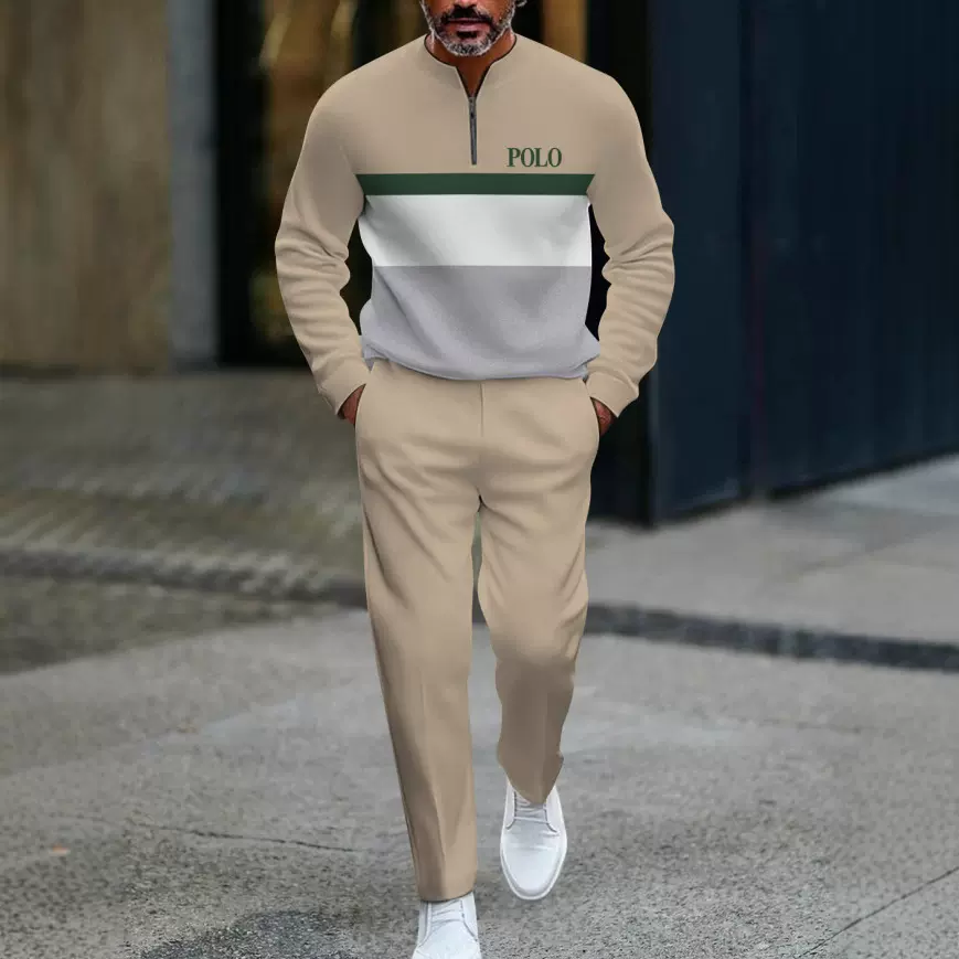 2025欧美亚马逊新款半开门襟拉链套头休闲时尚男士长袖长裤套装