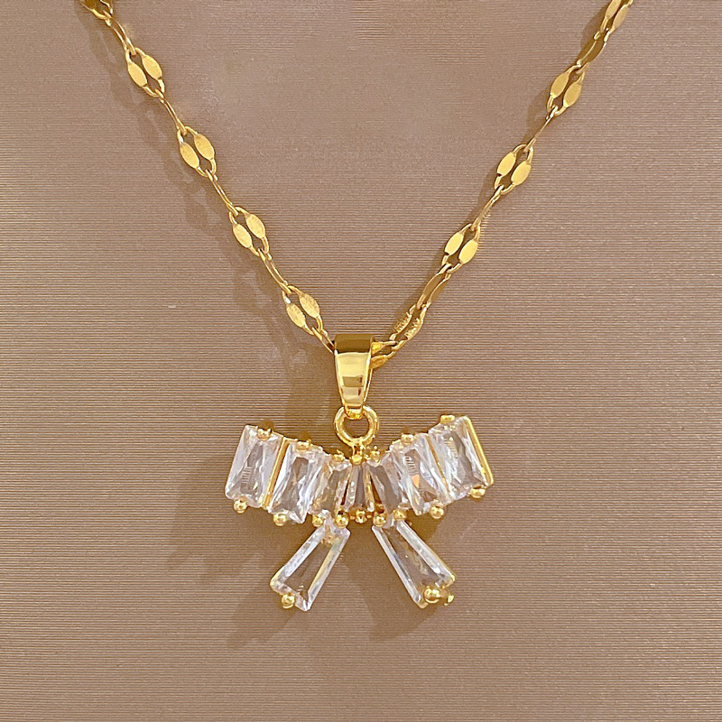 20g Weight PVD Coated Gold Plating Process Gold Plated, Real Gold Plated Plating Material Earrings, Necklace Classification 1 Piece, 1 Pair Quantity Real Gold Plated 304 Stainless Steel PVD Coated Bow Knot Waterproof Non Tarnish Sweet Earrings Necklace For Women'S