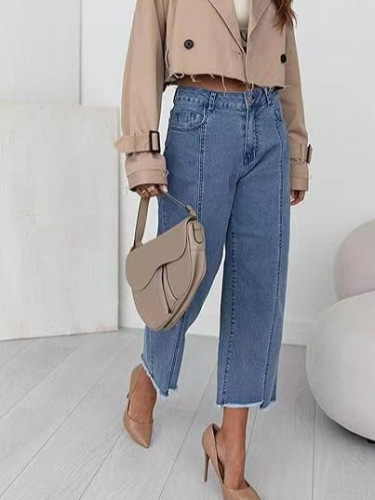 Independent station cross-border women's denim frayed straight leg nine-hole jeans, high-waisted, flattering, versatile jeans