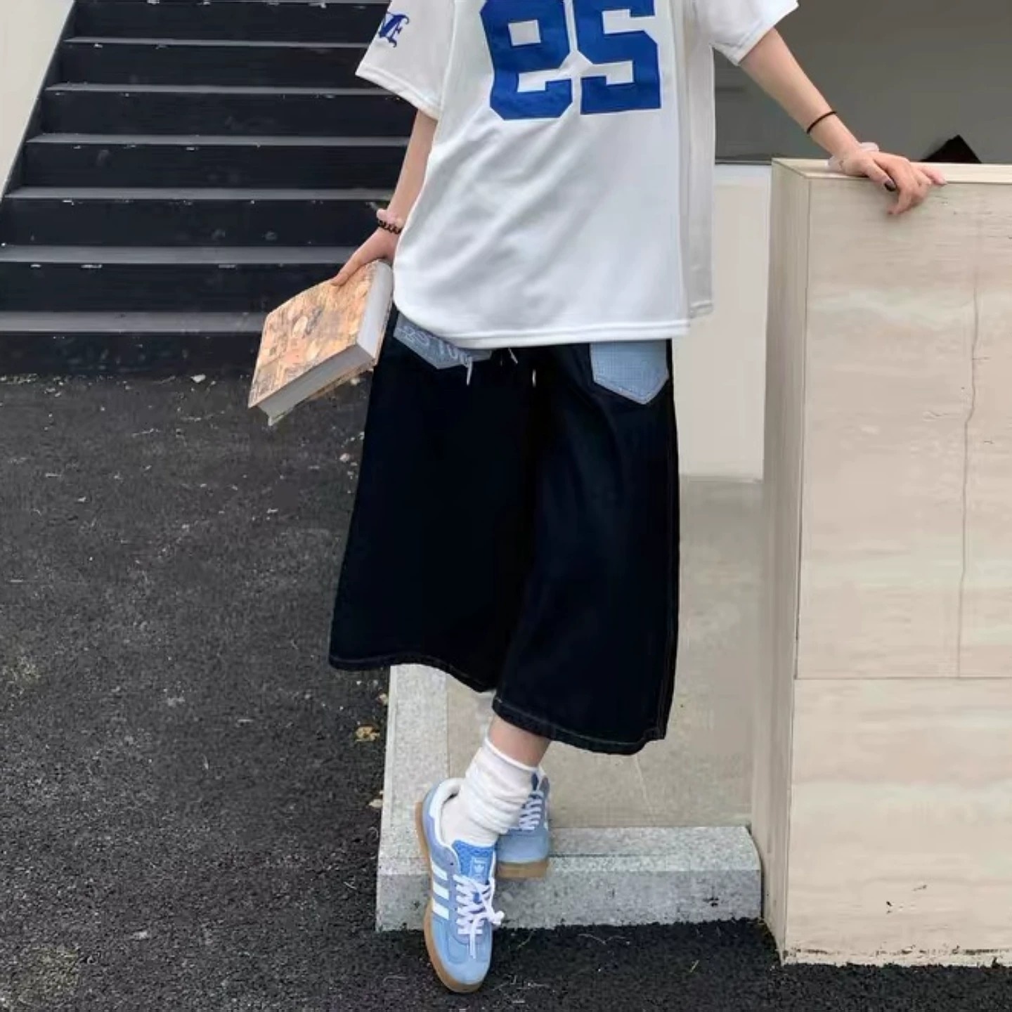 美式复古格纹刺绣字母拼接牛仔七分裤男女夏季宽松百搭阔腿短裤潮