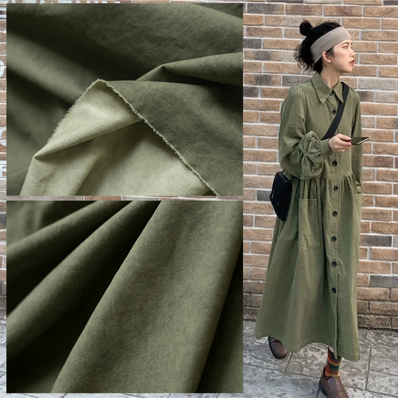 军绿色复古棉麻布料炒色做旧苎麻外套风衣裙子裤子服装设计师面料