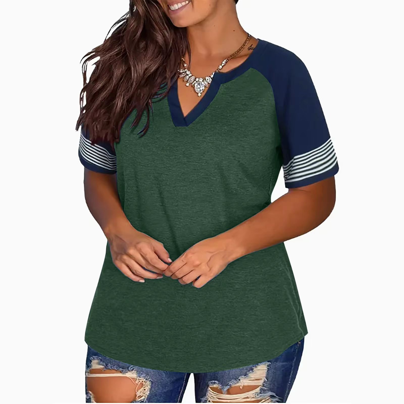 Cross-border foreign trade Europe and the United States 2024 Amazon V-neck color matching short sleeve loose top base shirt