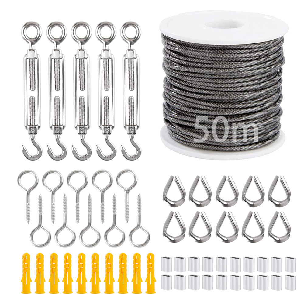 56件套304不锈钢包胶钢丝绳悬挂套件 户外围栏花园栏杆电缆紧线器