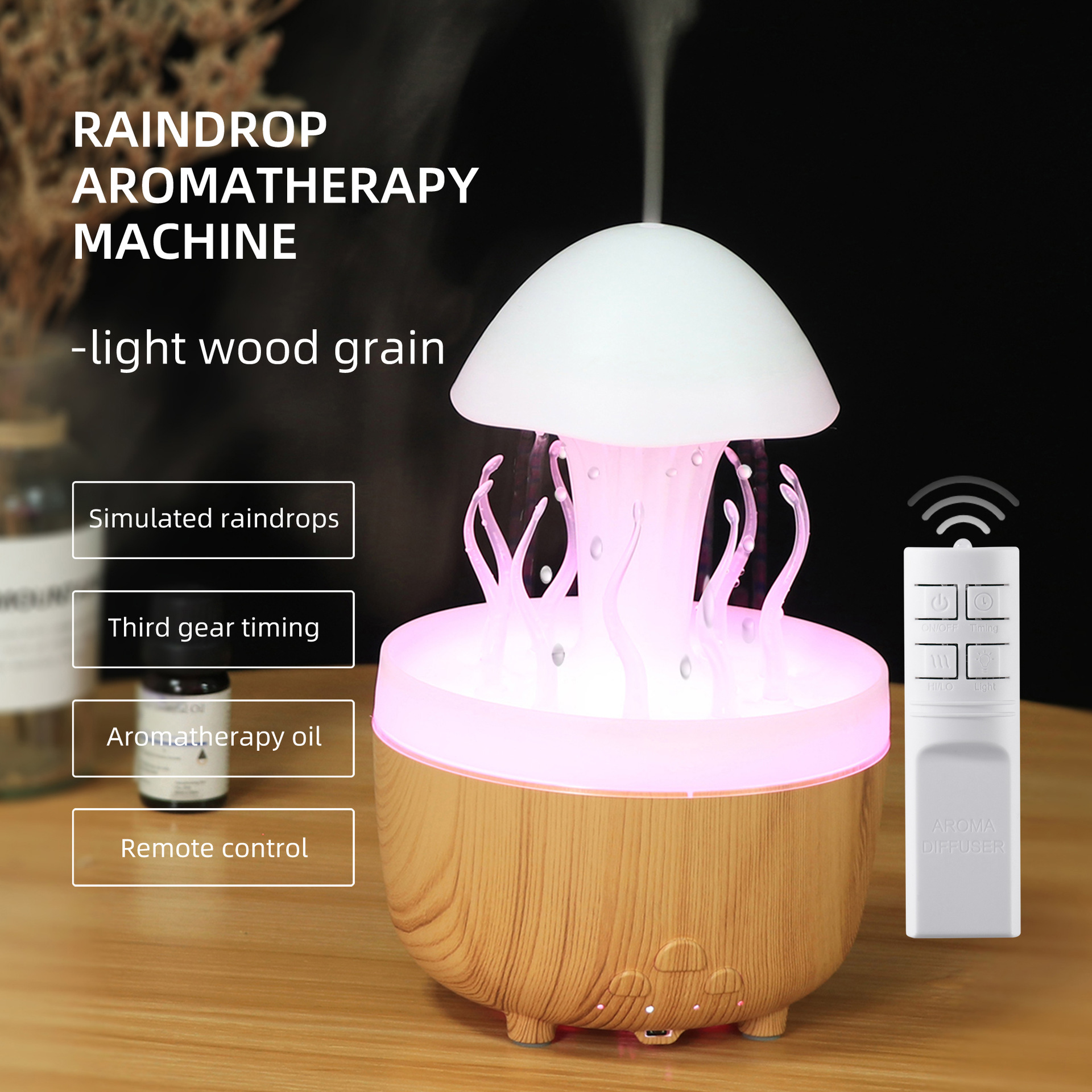 Nuevo control remoto medusa lluvia humidificador giratorio luces de colores atomización ultrasónica gotas de lluvia humidificación nube lluvia fragancia de hongos