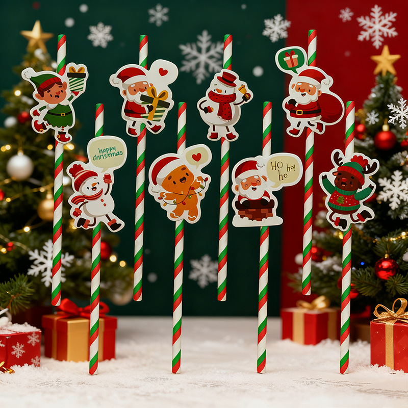 Papel de fiesta de Navidad transfronterizas temática de Navidad desechable postre cóctel de paja decoración