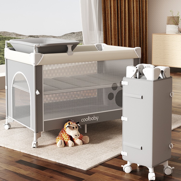 Coolbaby Crib Is Adjustable in Height, Movable, Wipeable, Splicable Bed, Multi-Functional Foldable Diaper Table for Babies