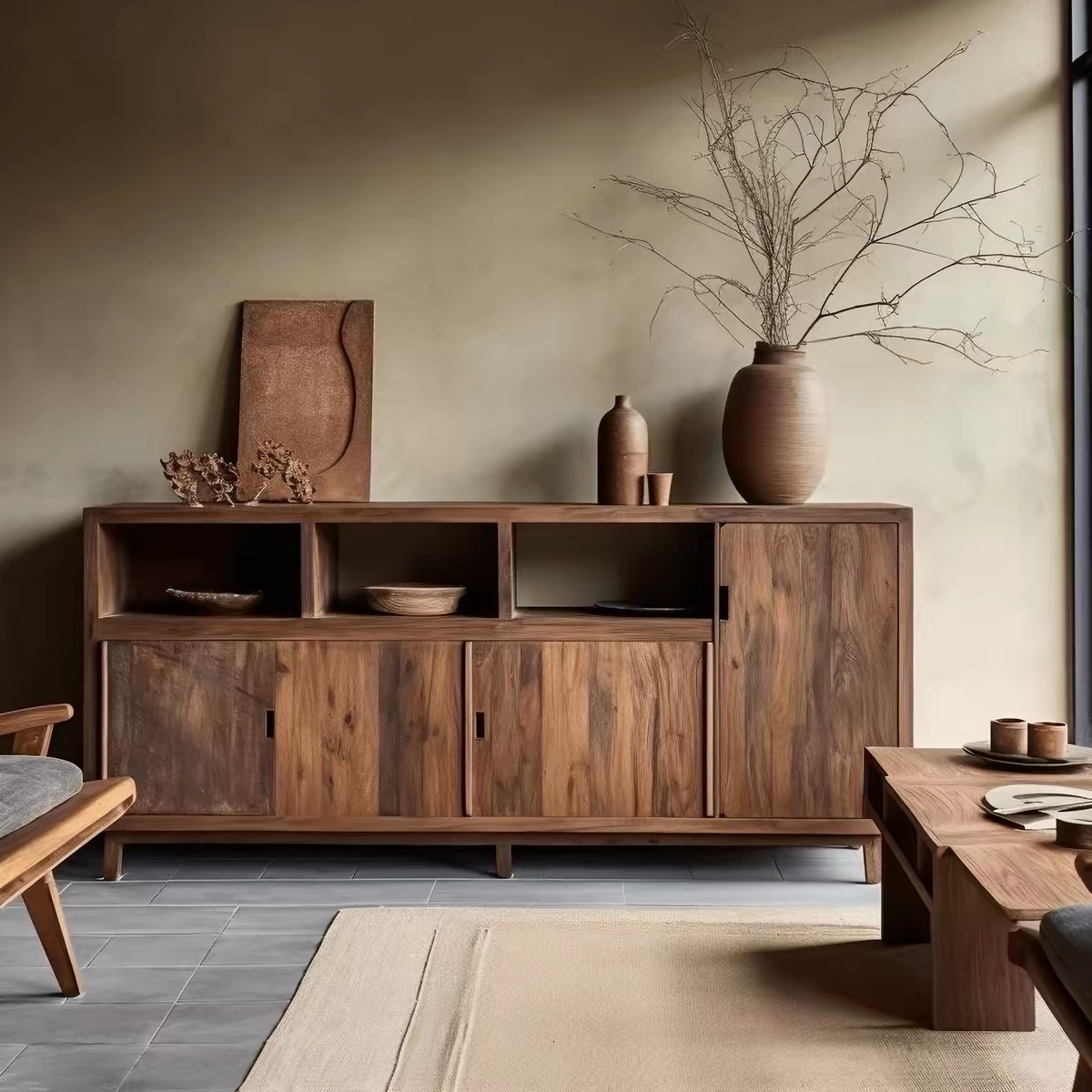 Old elm wood sideboard in wabi-sabi style, vintage storage solid wood cabinet, Chinese-style simple storage and display cabinet for the dining room