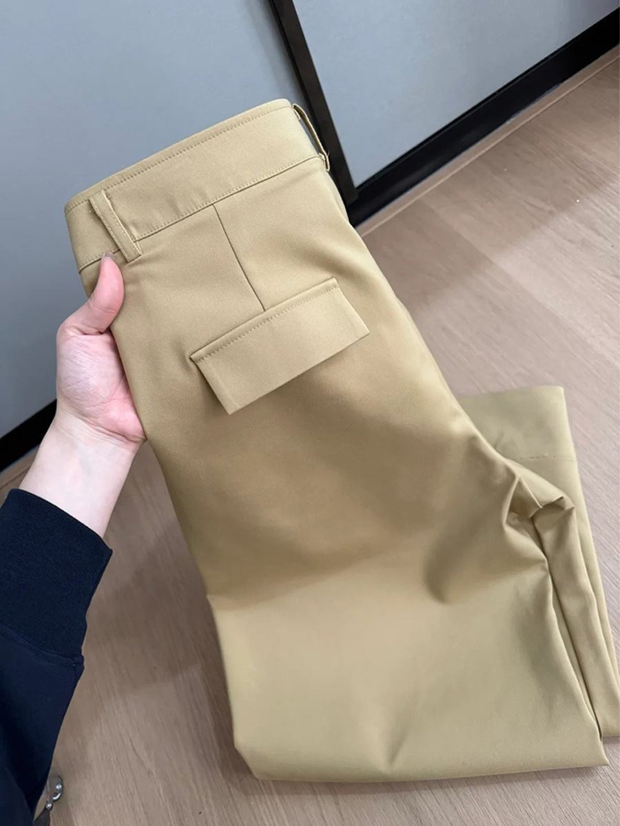 Quần tây nữ ống rộng cạp cao dáng suông kaki chín tấc mùa hè — Màu kaki