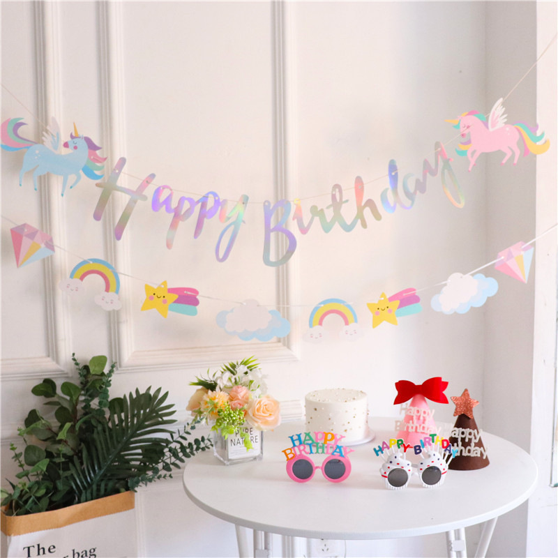 Guirnalda de letras de unicornio de dibujos animados, decoración para fiesta de cumpleaños infantil, guirnalda de papel, decoración colgante para crear ambiente