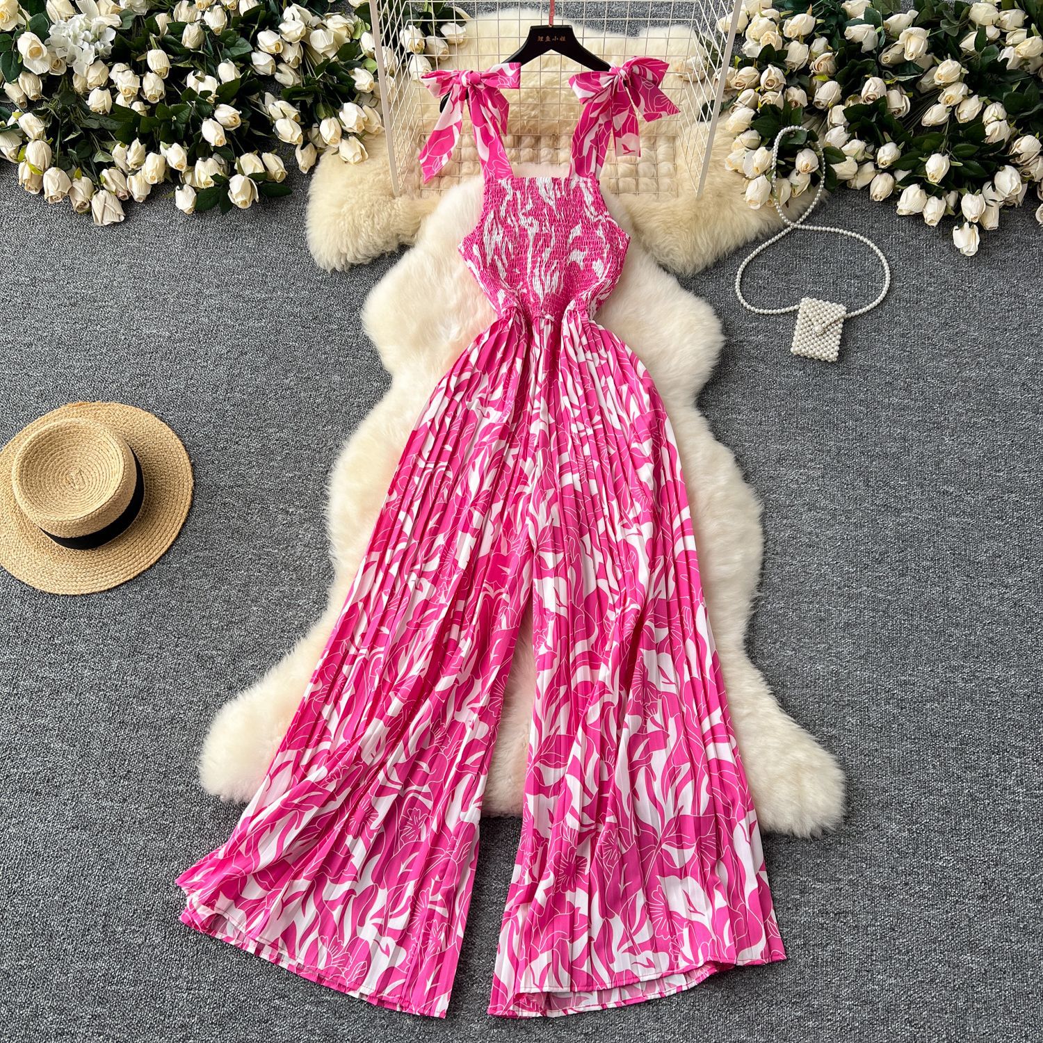 Viajes y vacaciones con mono para mujer, pliegues elásticos de verano, cintura, tirantes florales, pantalones largos de pierna ancha, pantalones de playa