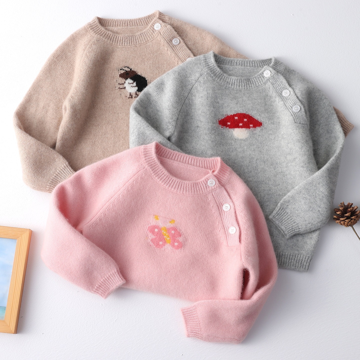 Children's autumn and winter raglan button wool sweater, boys and girls, round neck jacquard pattern, stylish baby thick base sweater