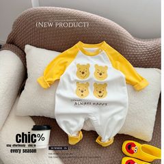 3-6-9-12個月男女寶寶卡通黃熊連身衣 棉質柔軟新生兒哈衣爬服A標