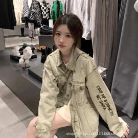 潮牌泼墨刺绣牛仔外套女宽松大码春秋季新款复古做旧工装夹克上衣