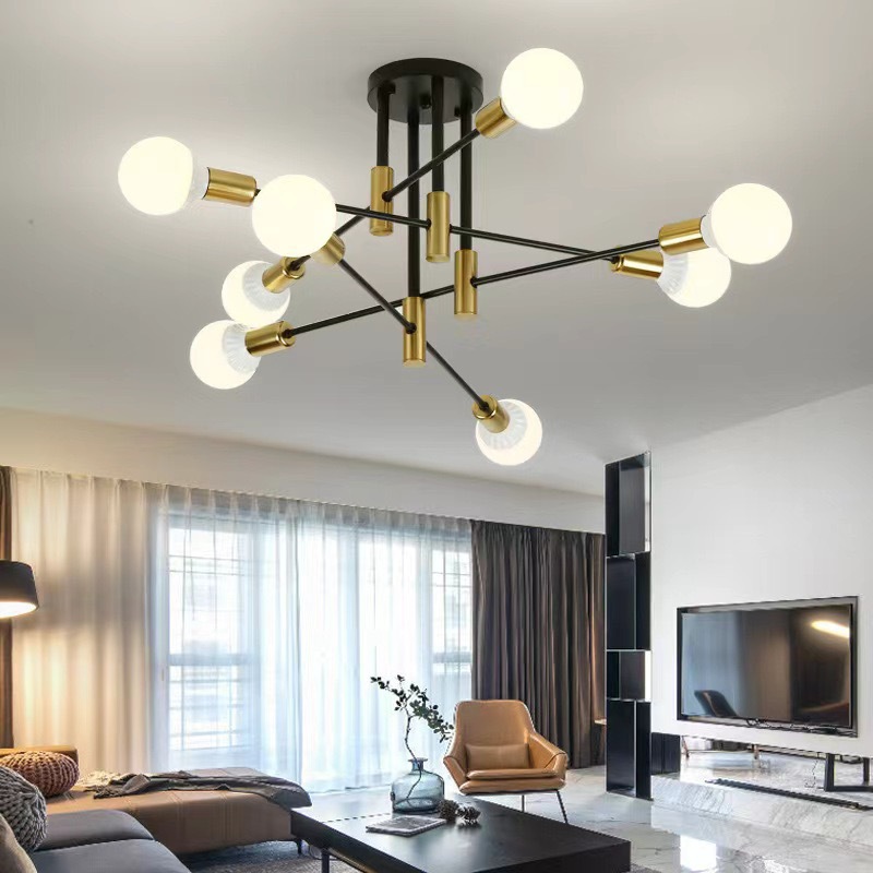 Cross-Border Scandinavian Minimalist Restaurant Chandelier Black Gold Creative Chandelier Living Room Bedroom Study Led Bulb Ceiling Lamp