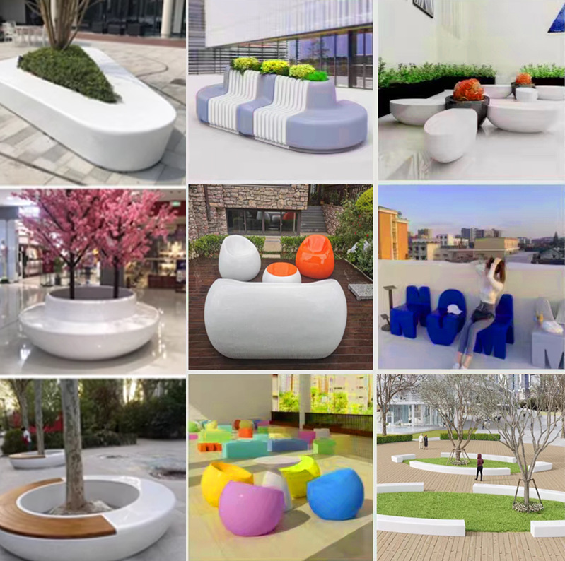 Fiberglass Bench Seating for Outdoor Squares, Shopping Malls, Residential Areas, Commercial Streets, Landscape Tree Pools, Irregular Shapes, Three-Dimensional