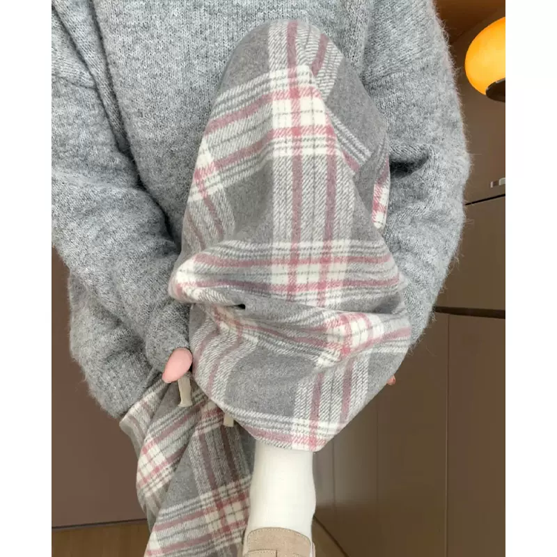 灰粉格子裤子女秋冬2025新款高腰慵懒直筒宽松休闲毛呢加绒阔腿裤