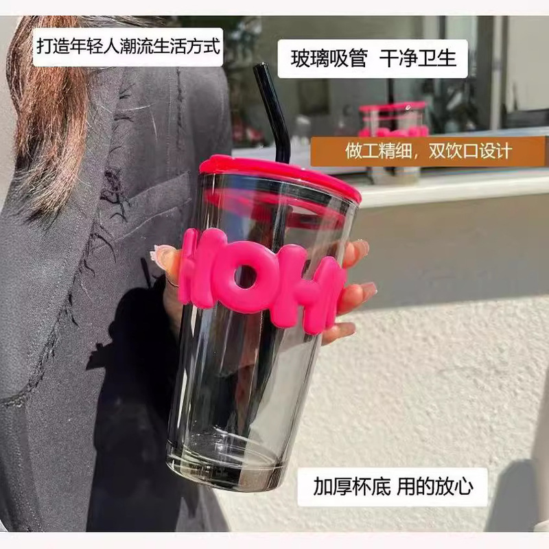 ネット赤同一文字ガラスストローカップins風カップルコーヒー飲料カップドレナージ広告プレゼントカップ|undefined