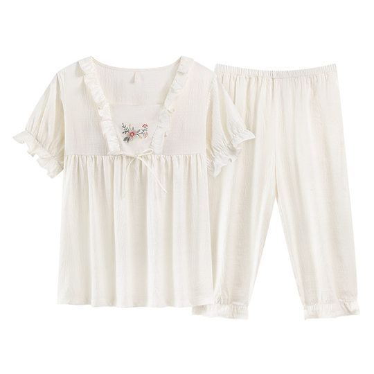 Palace Style Pajamas Women's Summer Short-sleeved Round Neck Thin Cloud Cotton Woven Women's Solid Color Trousers Home Pajamas