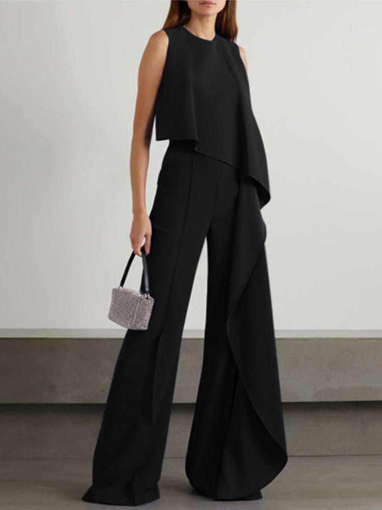 Mono irregular de mujer con pantalón de pierna ancha y chaleco largo con cadena, estilo europeo y americano, para comercio exterior 2024