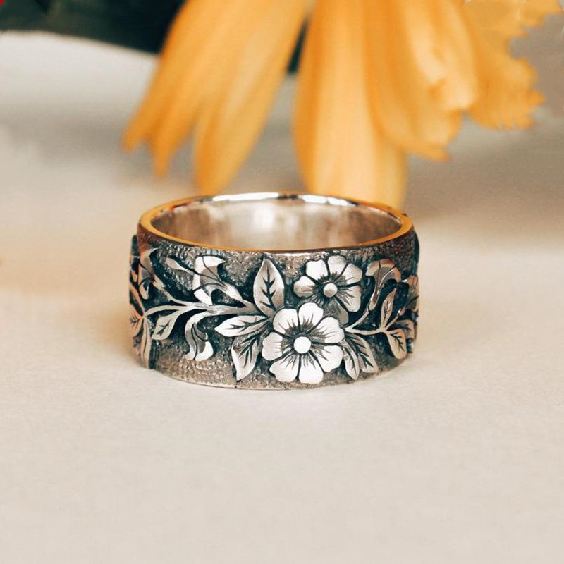 wish cross-border chrysanthemum bird ring European and American retro Thai silver black flower neutral men's and women's engagement ring wholesale