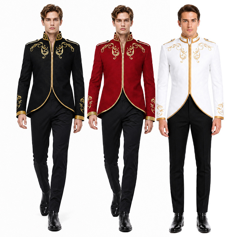 Halloween Medieval Men's Coat Court Prince Golden Embroidery Suit Sport Jacket Cosplay Costume Halloween Medieval Men's Coat Court Prince Golden Embroidery Suit Sport Jacket Cosplay Costume