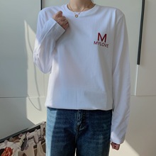 白色长袖t恤女纯棉2022新款秋季宽松圆领简约印花T恤打底衫上衣
