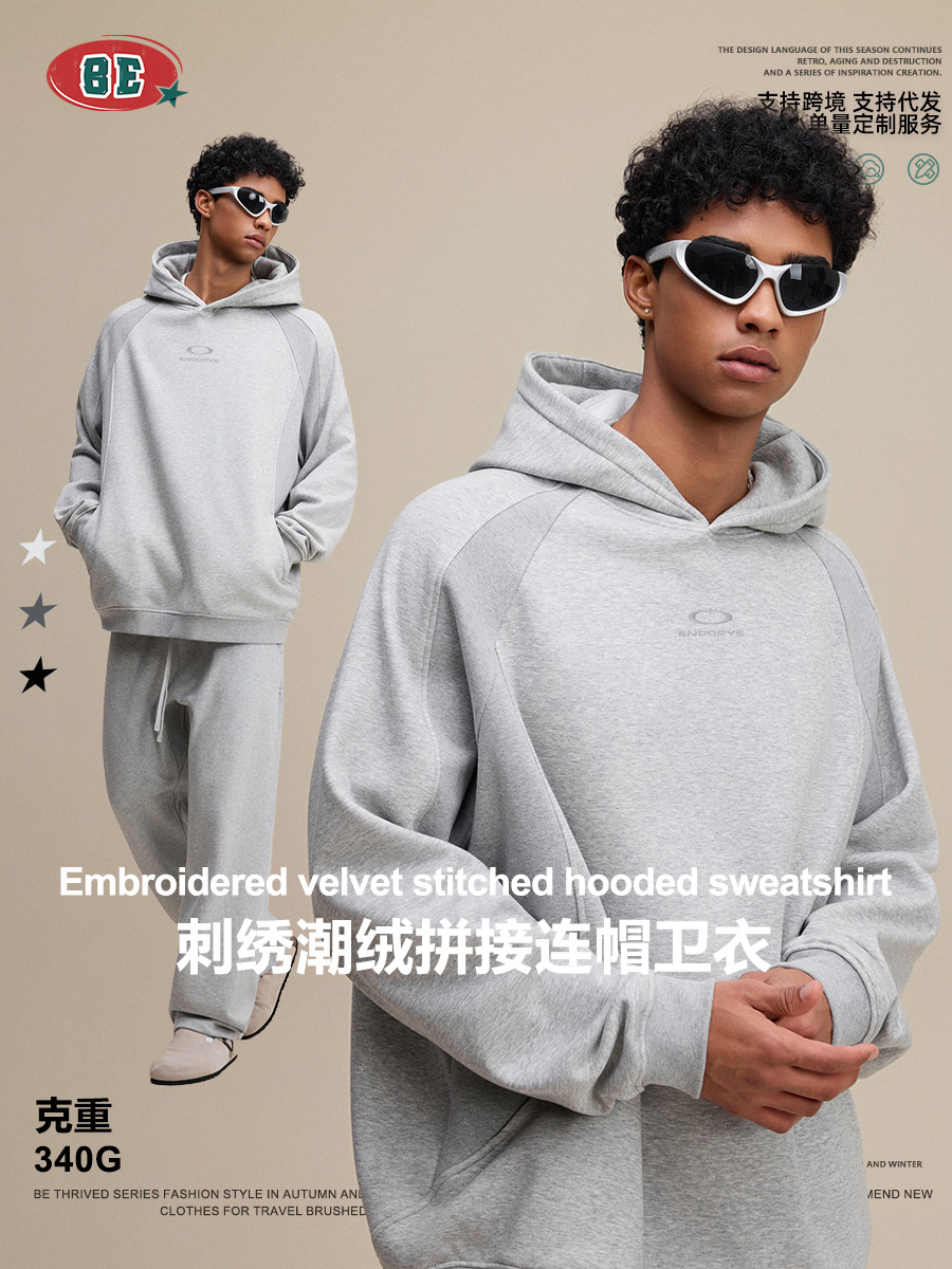 BE ropa de hombre otoño / invierno 2025 marca de moda americana bordada de terciopelo de moda empalmado chaqueta con sombrero suelta casual camisa con sombrero de manga larga para hombre image 1