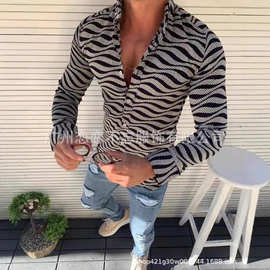 秋冬新款欧美印波浪纹花男士翻领长袖衬衫 亚马逊WISH爆款上衣