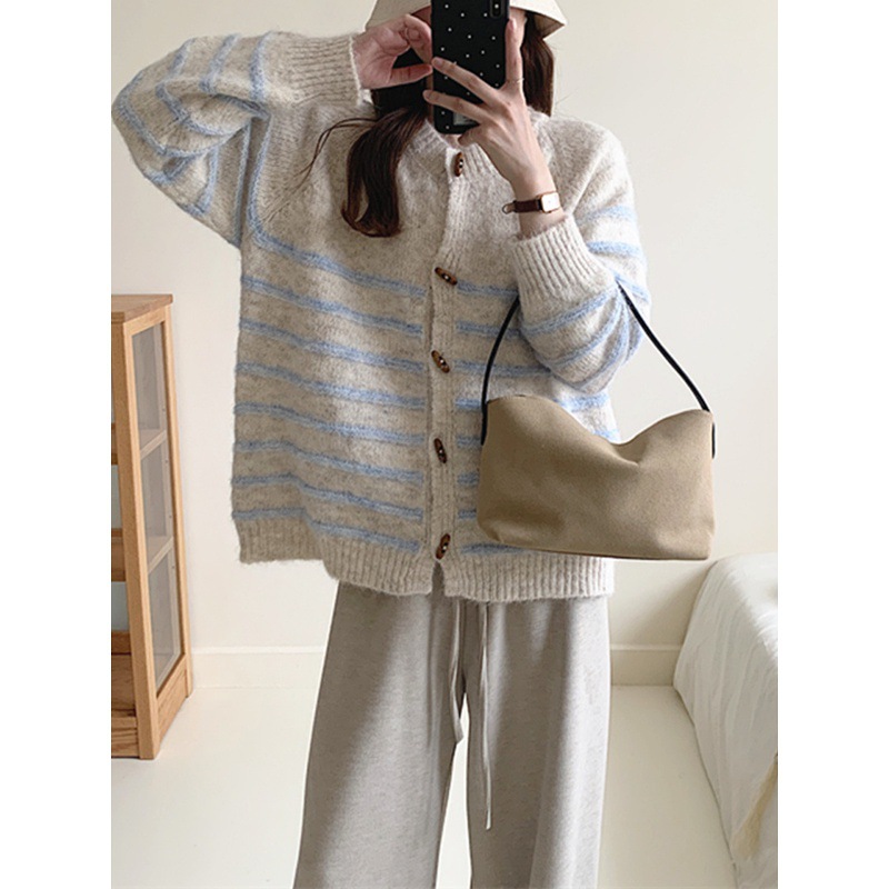 Horn Button Small Fragrant Striped Sweater Cardigan for Women in Autum Contrasting Retro Casual Loose Design Knitted Jacket