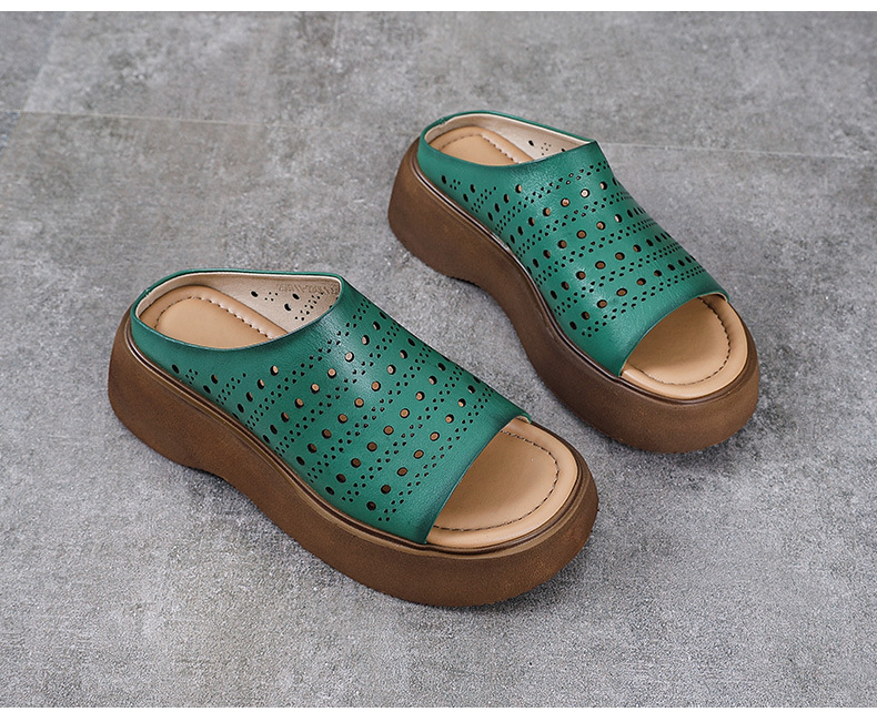 Dép sandal nữ xỏ ngón đế bệt da bò thật mềm — màu xanh lá cây chi tiết 13