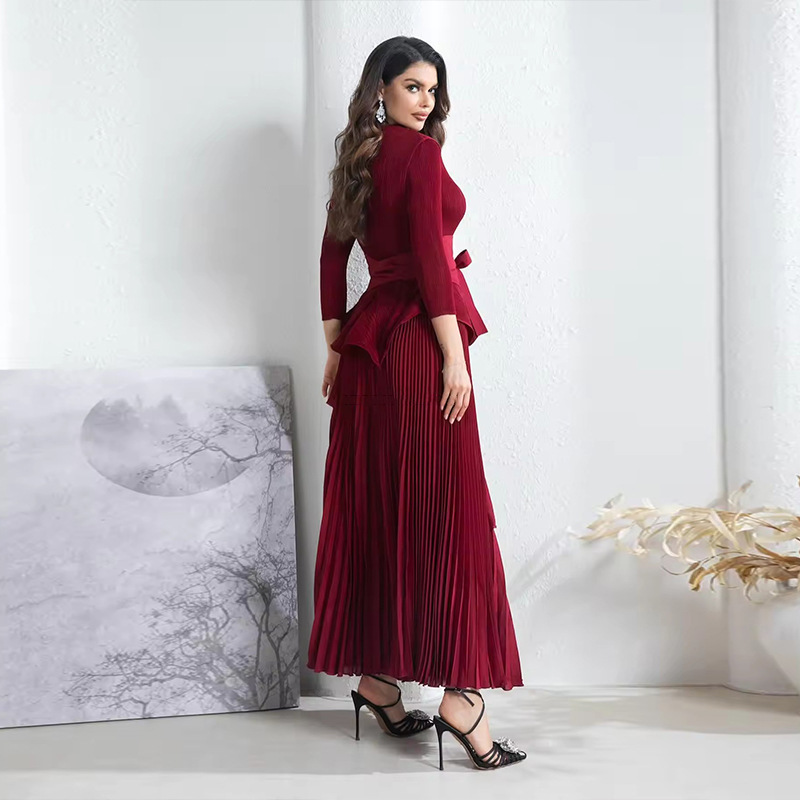 Vêtements pour femmes grande jupe cravate plissée taille haut costume deux pièces vêtements pour femmes automne nouvelle couleur unie_voghion.com