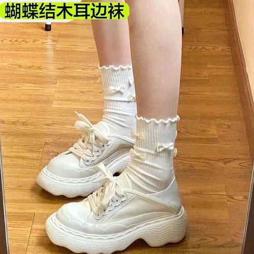 Japanese cute bow-tie ear-rimmed socks for women in spring and summer sweet girl mid-calf socks jk uniform lace socks