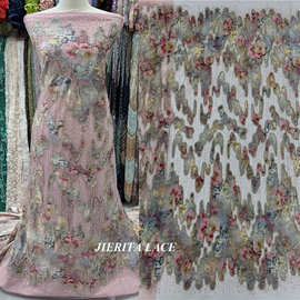 重工跨境彩色印花水墨画珠绣网纱珠管亮片绣布料婚纱礼服面料lace