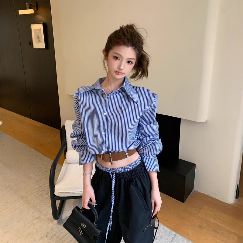 实拍 ！设计感蓝色条纹衬衫休闲套装女气质小众通勤宽松阔腿裤潮|undefined