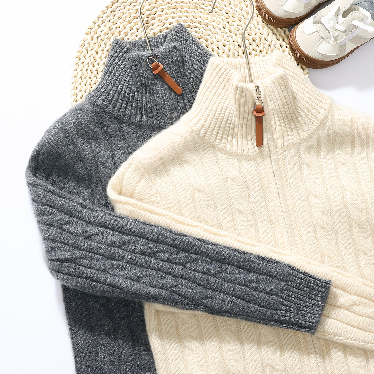 Children's 100% pure cashmere knitted cardigan, boys' and girls' half-zip high-neck knitted cardigan, double-strand thick cashmere sweater