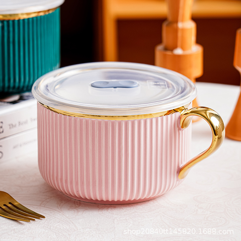 Tazón de fideos instantáneos de cerámica creativa con tapa para estudiantes de dormitorio con mango Tazón de fideos instantáneos para comedor Caja de almuerzo para uso personal